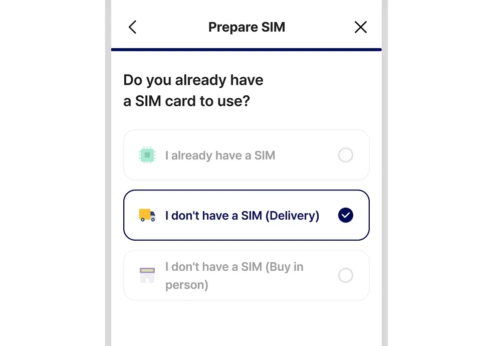 Example screen for selecting USIM delivery