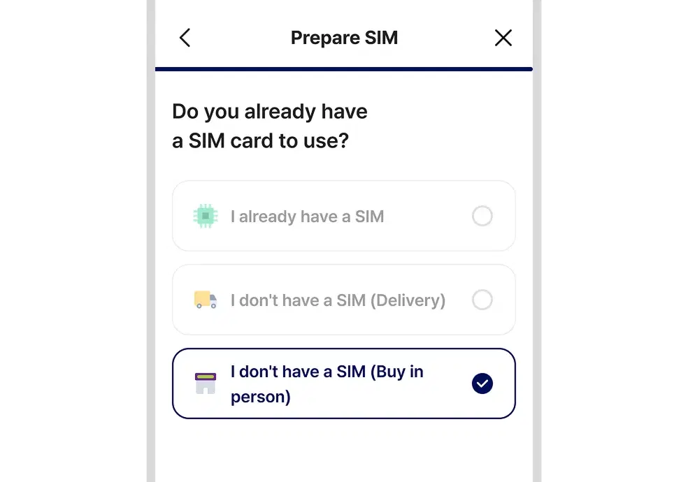 Example screen for selecting direct USIM purchase