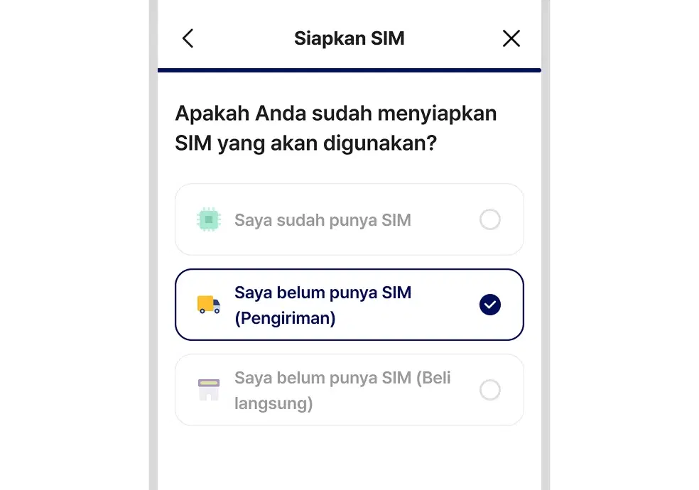 Contoh layar memilih pengiriman USIM