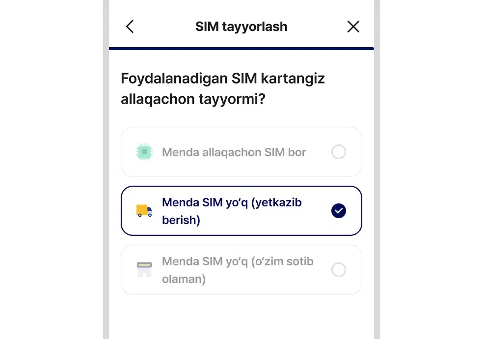 USIM yetkazib berishni tanlash ekran namunasi