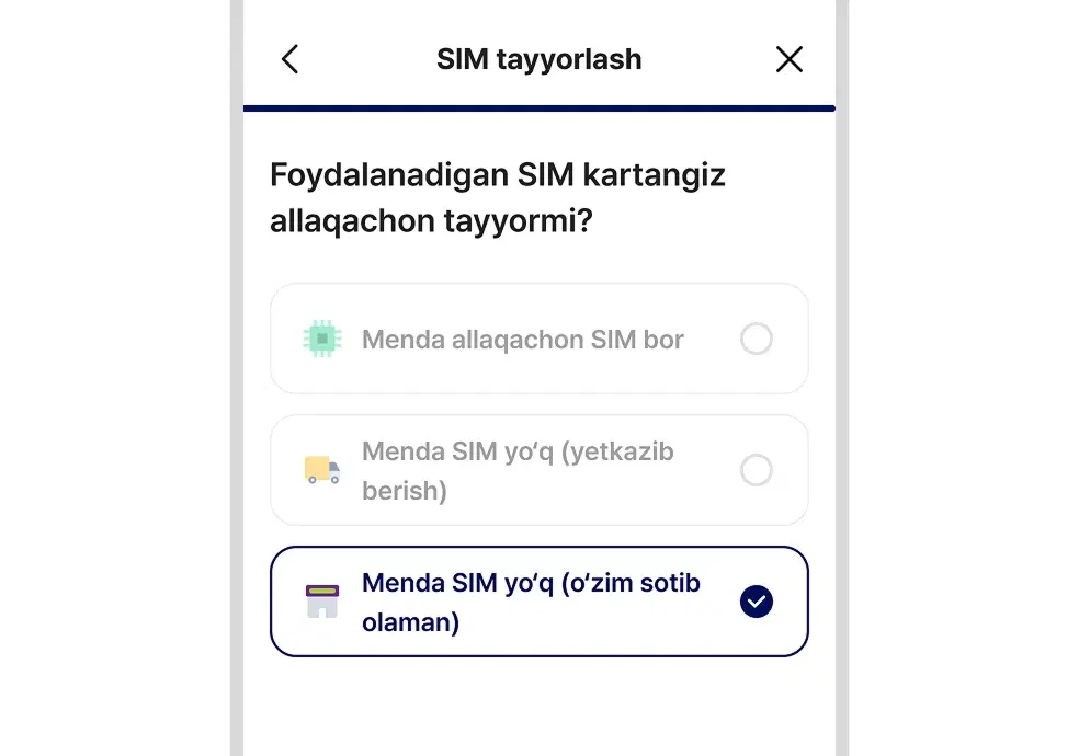 USIMni o‘zingiz sotib olishni tanlash ekran namunasi