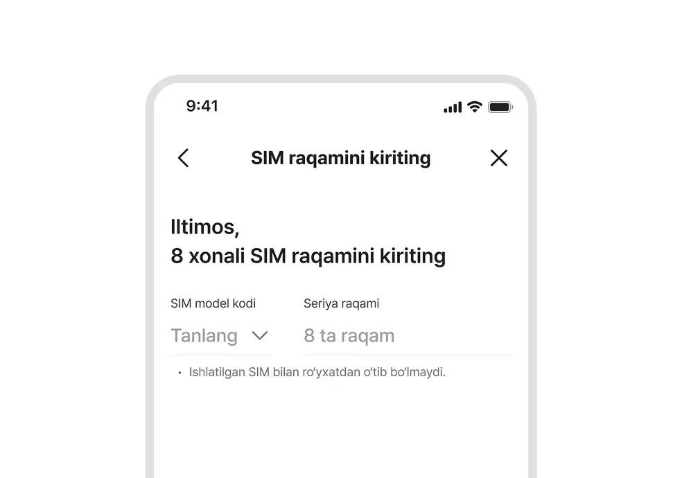 USIM raqamini kiritish ekran namunasi