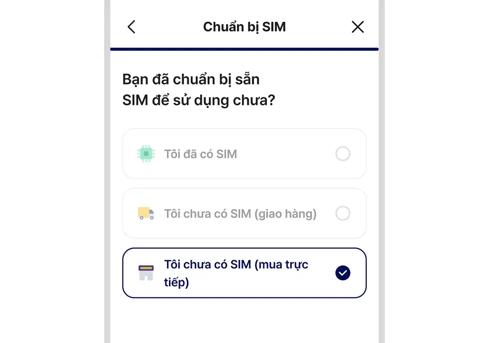 Màn hình ví dụ chọn tự mua USIM