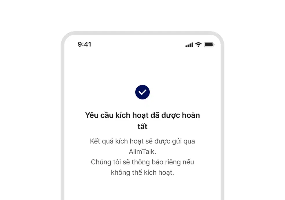 Màn hình ví dụ hoàn tất yêu cầu kích hoạt cuối cùng