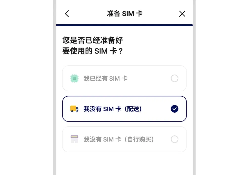 选择 USIM 配送的示例画面