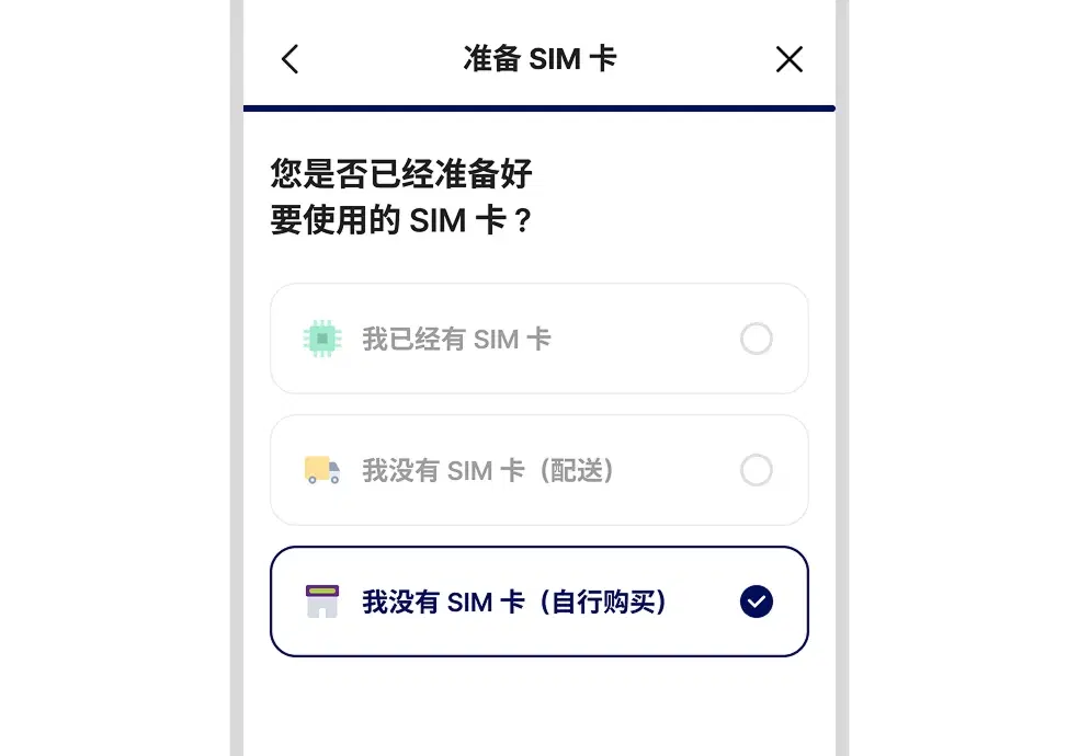 选择自行购买 USIM 的示例画面